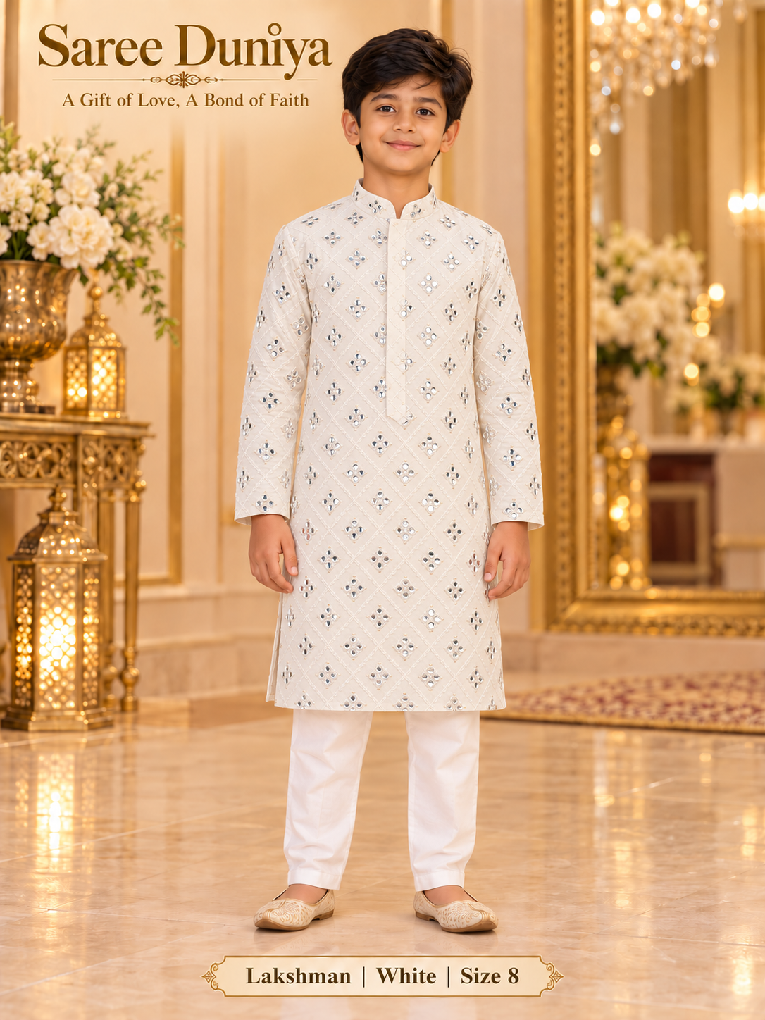 Lakshman White size 8: age-appropriate child model wearing the embellished kurta and white polo pajama set.