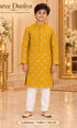 Lakshman Yellow size 10: age-appropriate child model wearing the embellished kurta and white polo pajama set.