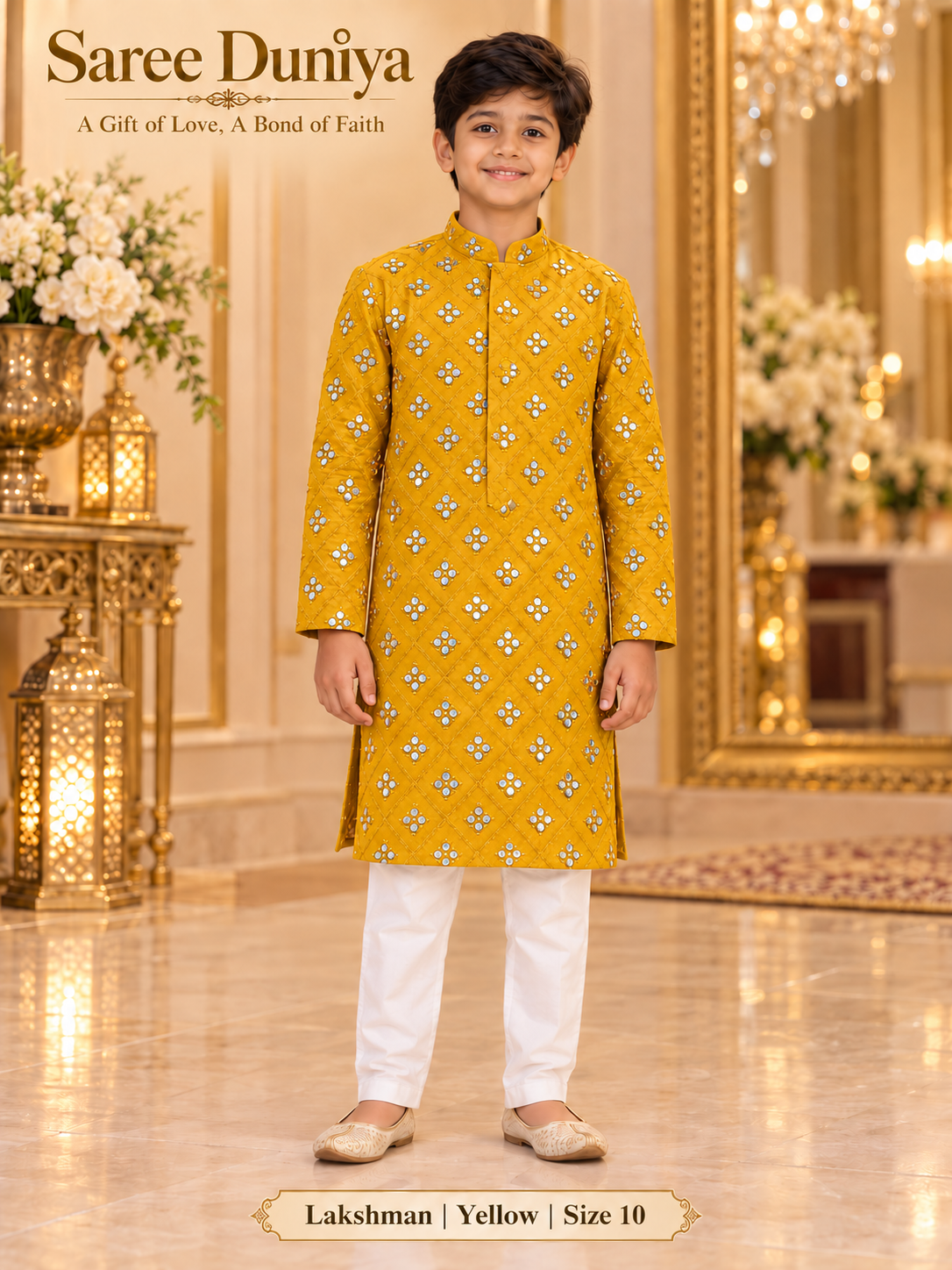 Lakshman Yellow size 10: age-appropriate child model wearing the embellished kurta and white polo pajama set.