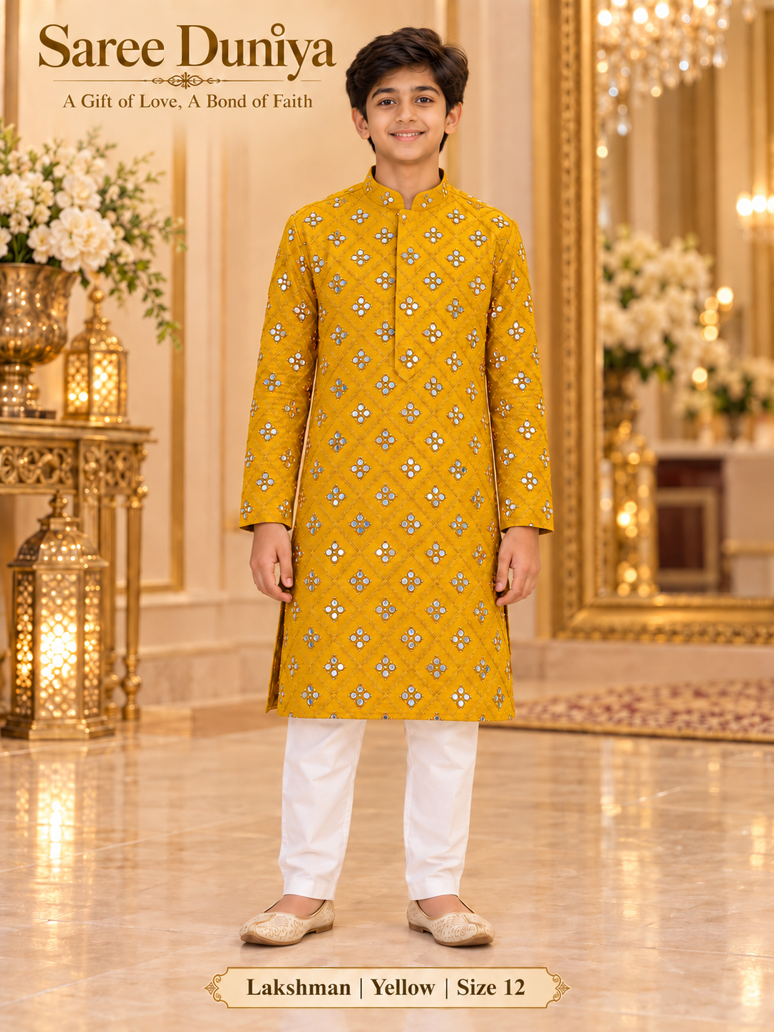 Lakshman Yellow size 12: age-appropriate child model wearing the embellished kurta and white polo pajama set.