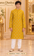 Lakshman Yellow size 14: age-appropriate child model wearing the embellished kurta and white polo pajama set.