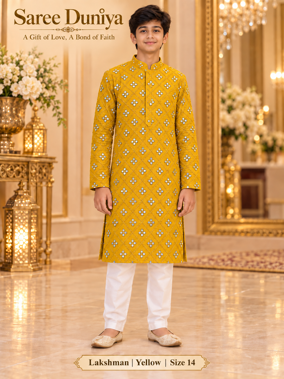 Lakshman Yellow size 14: age-appropriate child model wearing the embellished kurta and white polo pajama set.