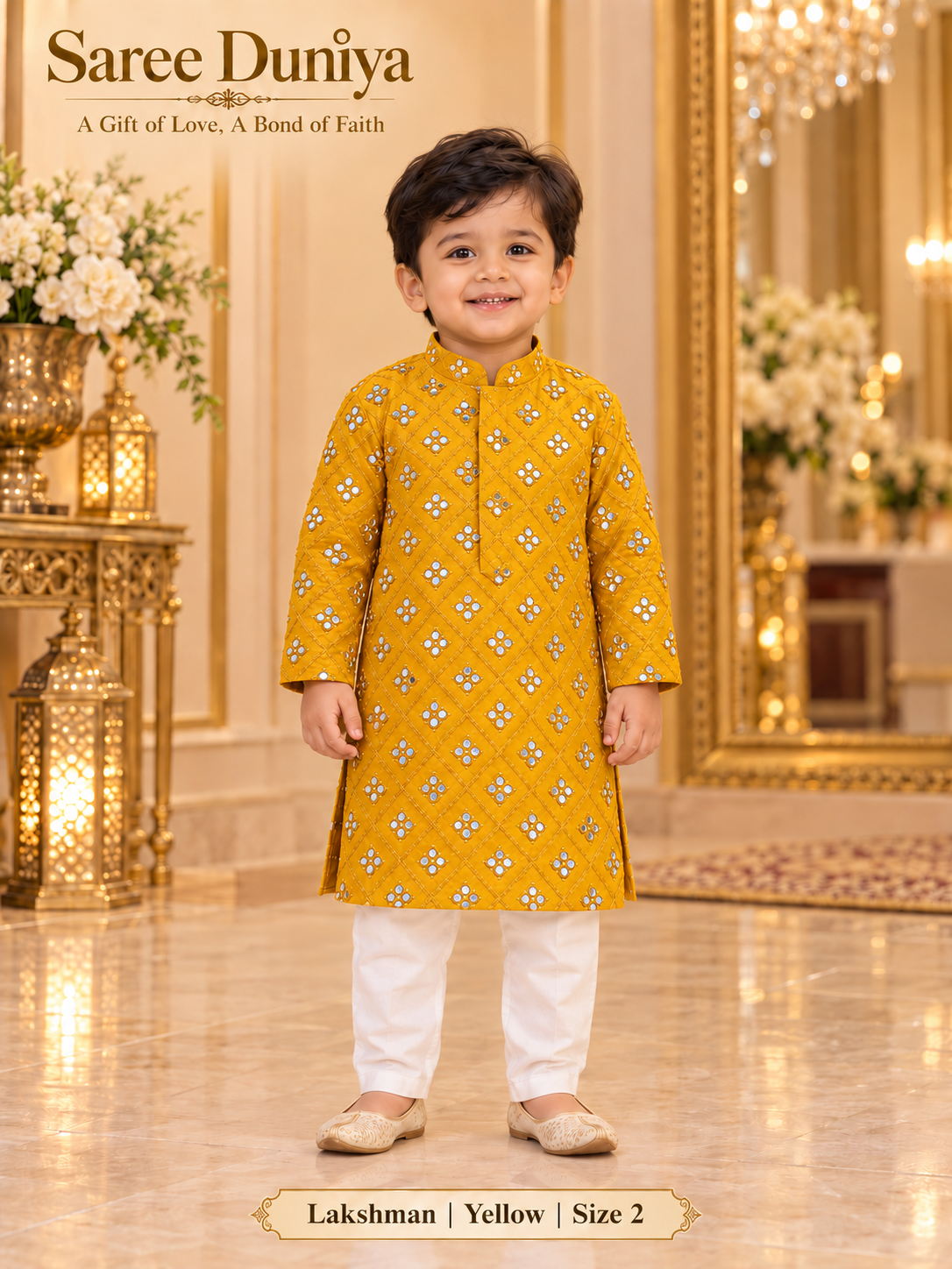 Lakshman Yellow size 2: age-appropriate child model wearing the embellished kurta and white polo pajama set.