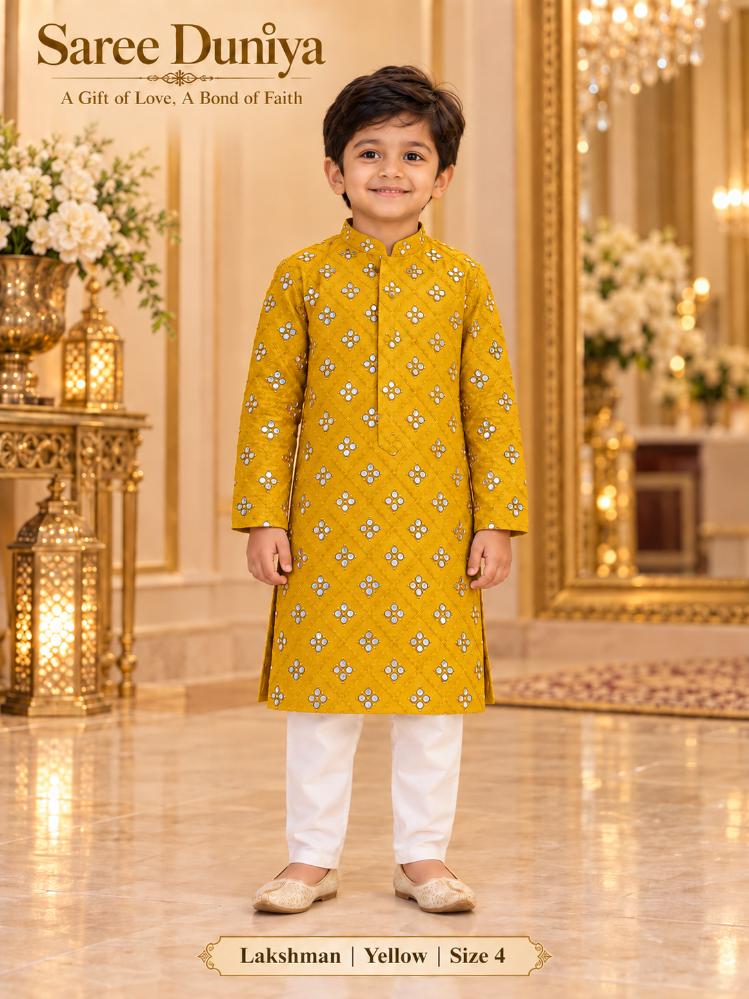 Lakshman Yellow size 4: age-appropriate child model wearing the embellished kurta and white polo pajama set.