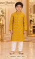 Lakshman Yellow size 6: age-appropriate child model wearing the embellished kurta and white polo pajama set.