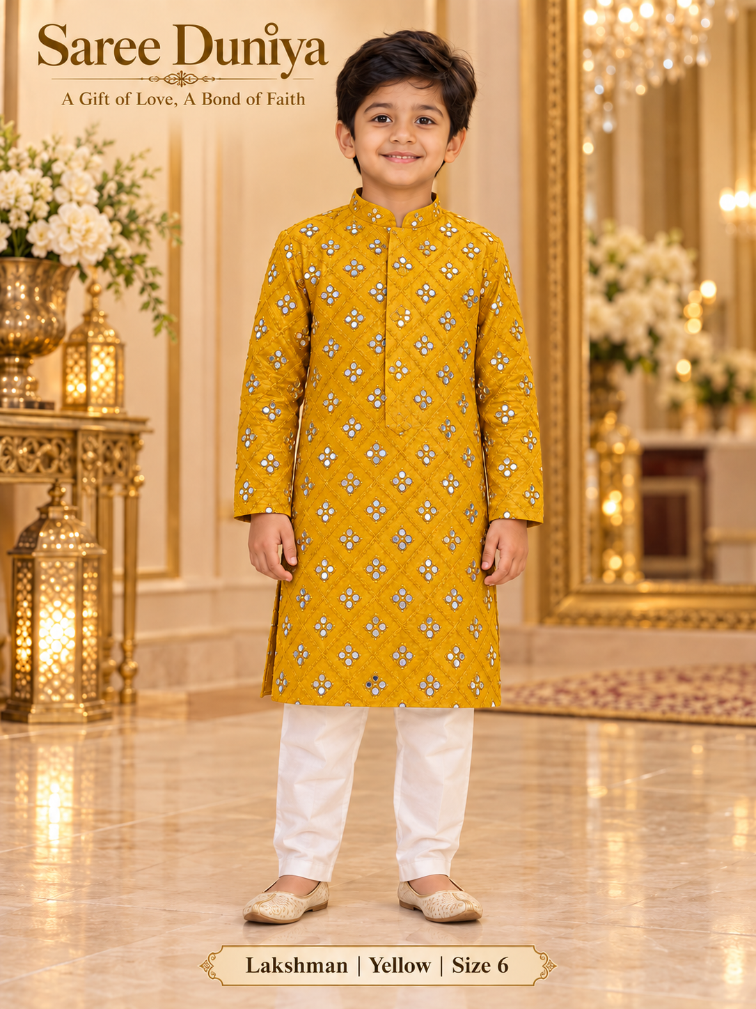 Lakshman Yellow size 6: age-appropriate child model wearing the embellished kurta and white polo pajama set.