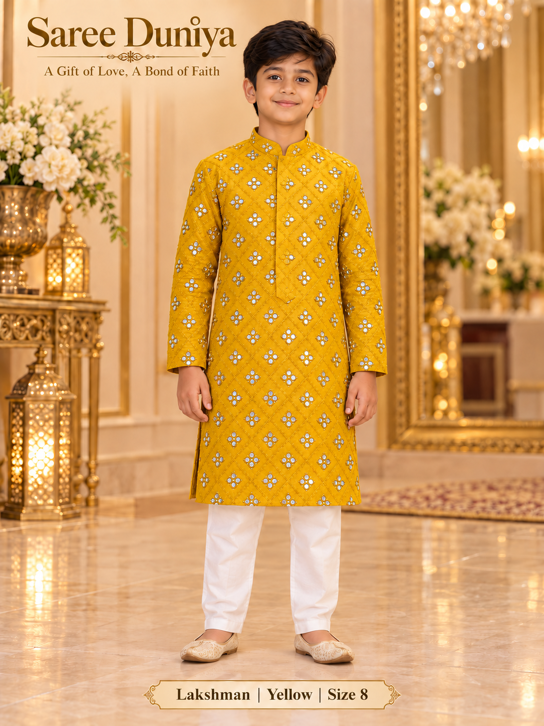 Lakshman Yellow size 8: age-appropriate child model wearing the embellished kurta and white polo pajama set.