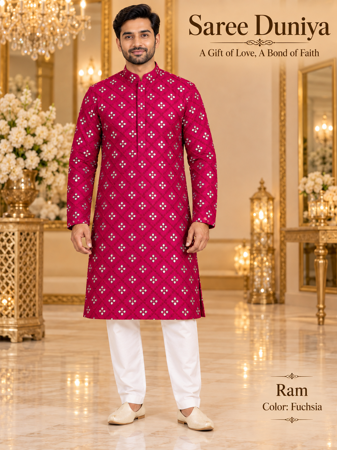 Ram Fuchsia adult model wearing the embellished kurta and white polo pajama set in the Saree Duniya showroom.
