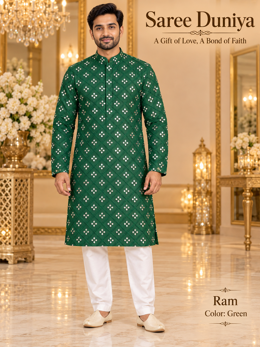 Ram Green adult model wearing an embellished kurta and white polo pajama in the Saree Duniya showroom.