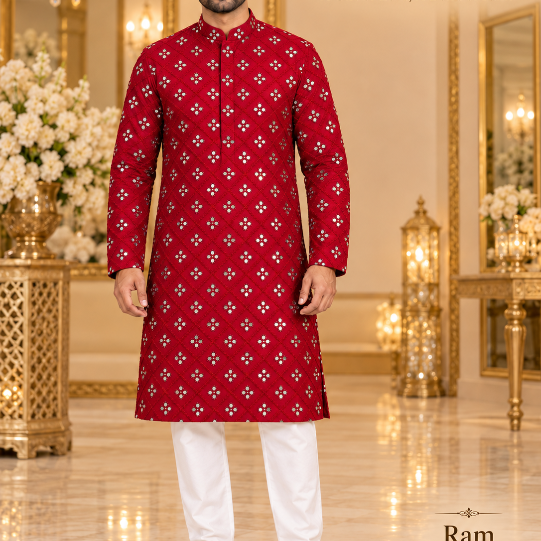 Ram Magenta adult model wearing the embellished kurta and white polo pajama set in the Saree Duniya showroom.