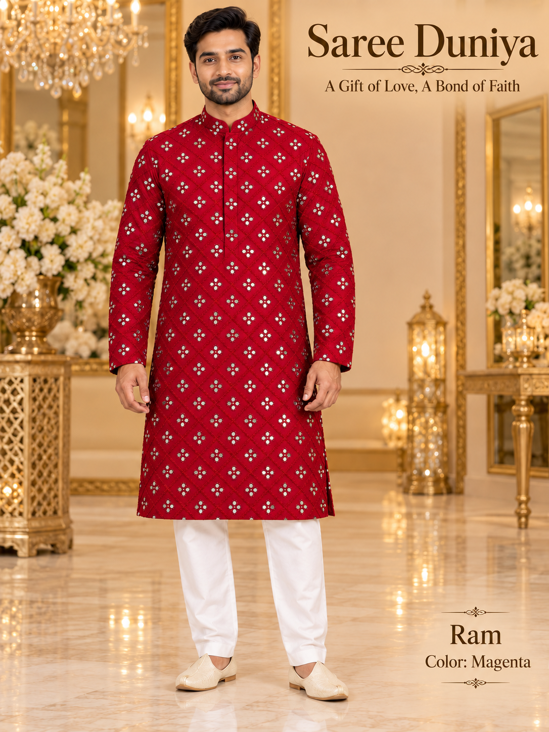 Ram Magenta adult model wearing the embellished kurta and white polo pajama set in the Saree Duniya showroom.