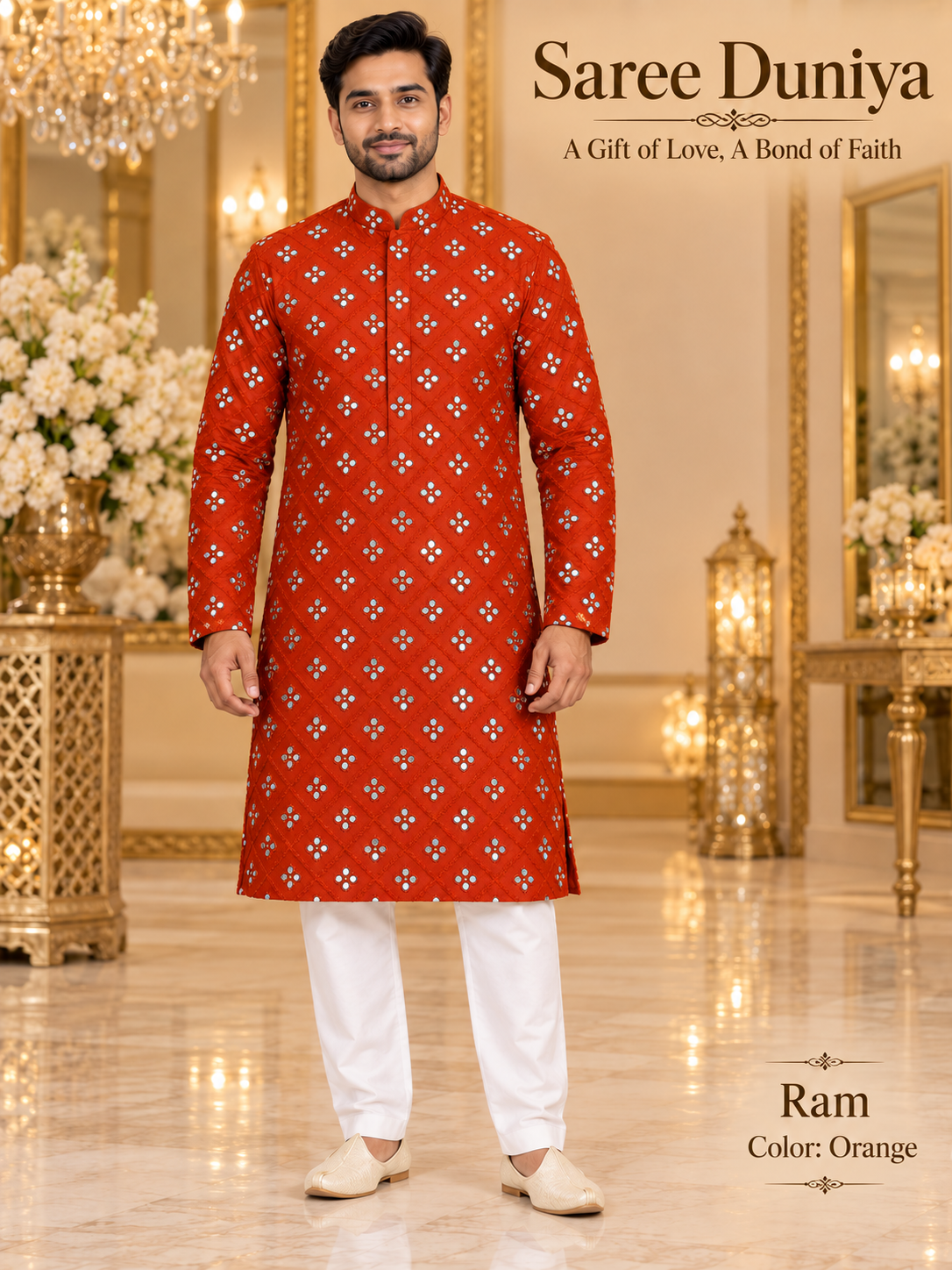 Ram Orange adult model wearing the embellished kurta and white polo pajama set in the Saree Duniya showroom.