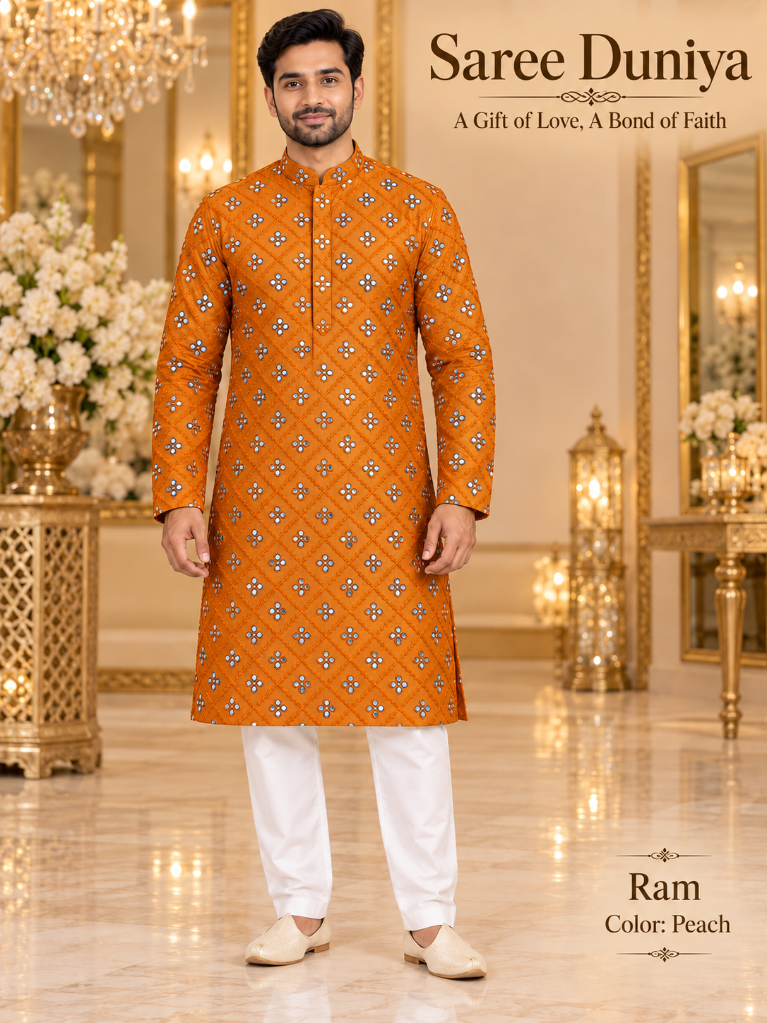 Ram Peach adult model wearing the embellished kurta and white polo pajama set in the Saree Duniya showroom.