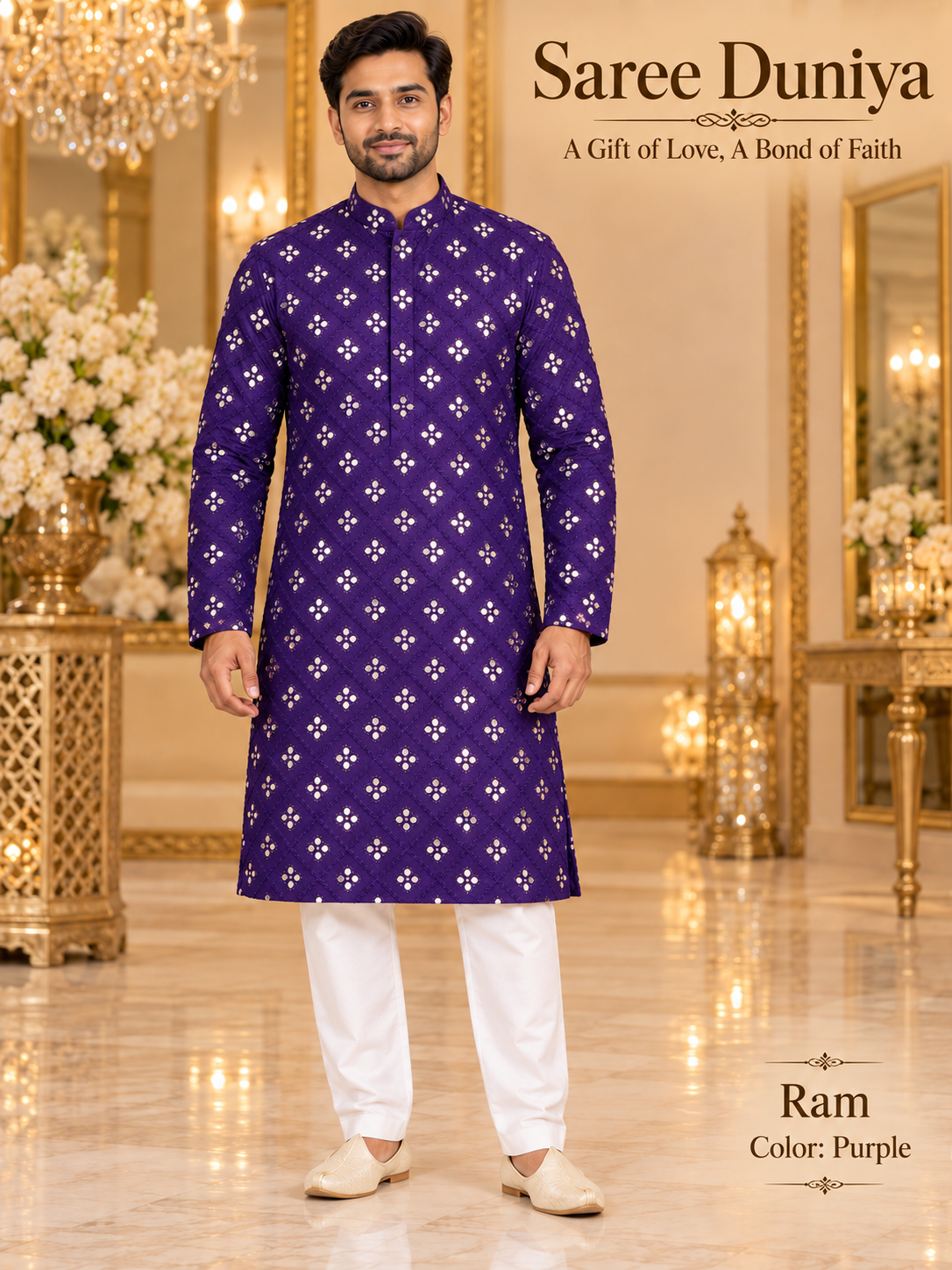 Ram Purple adult model wearing the embellished kurta and white polo pajama set in the Saree Duniya showroom.