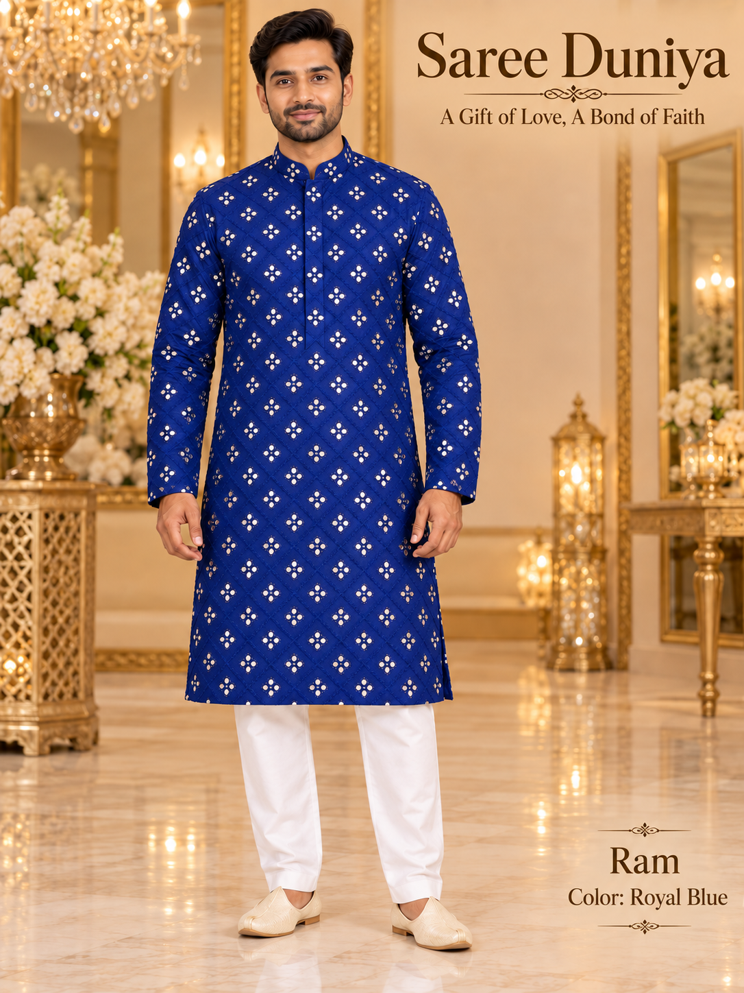 Ram Royal Blue adult model wearing the embellished kurta and white polo pajama set in the Saree Duniya showroom.