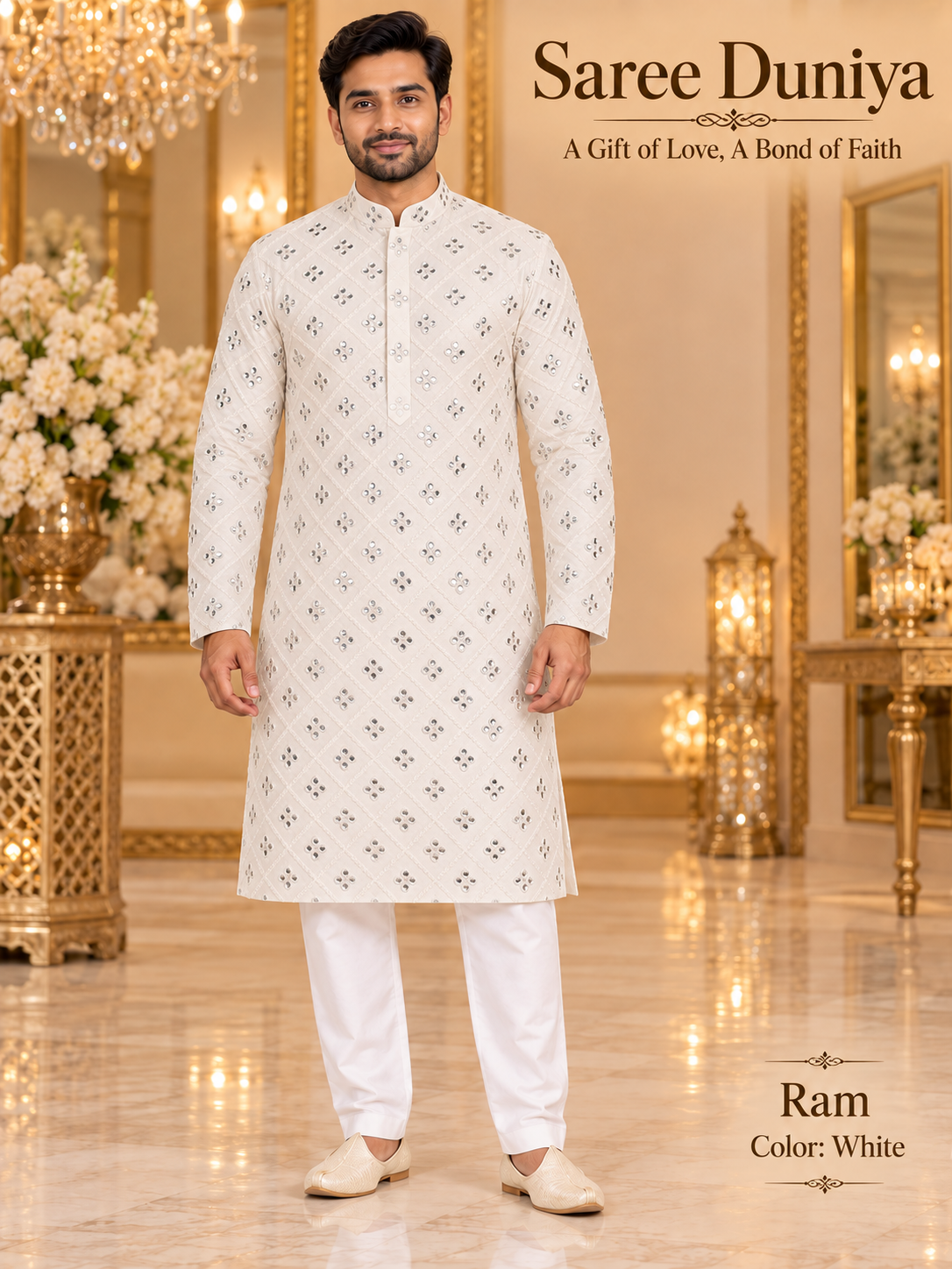 Ram White adult model wearing the embellished kurta and white polo pajama set in the Saree Duniya showroom.