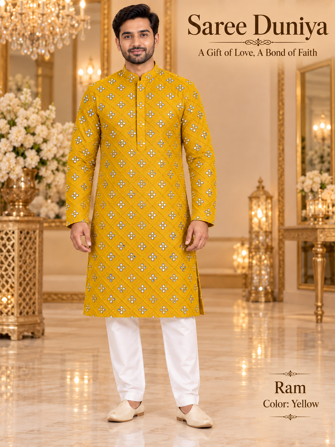 Ram Yellow adult model wearing the embellished kurta and white polo pajama set in the Saree Duniya showroom.