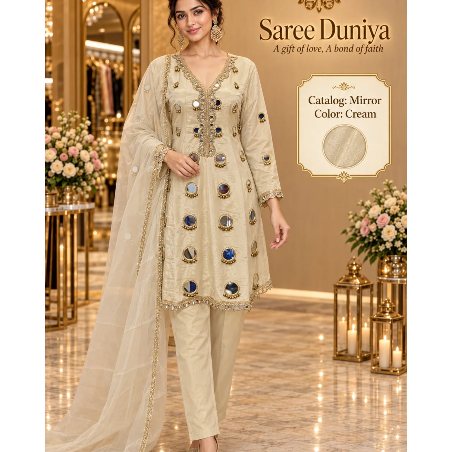 Mirror | Cream | fully stitched mirror-work suit on Saree Duniya's saved model