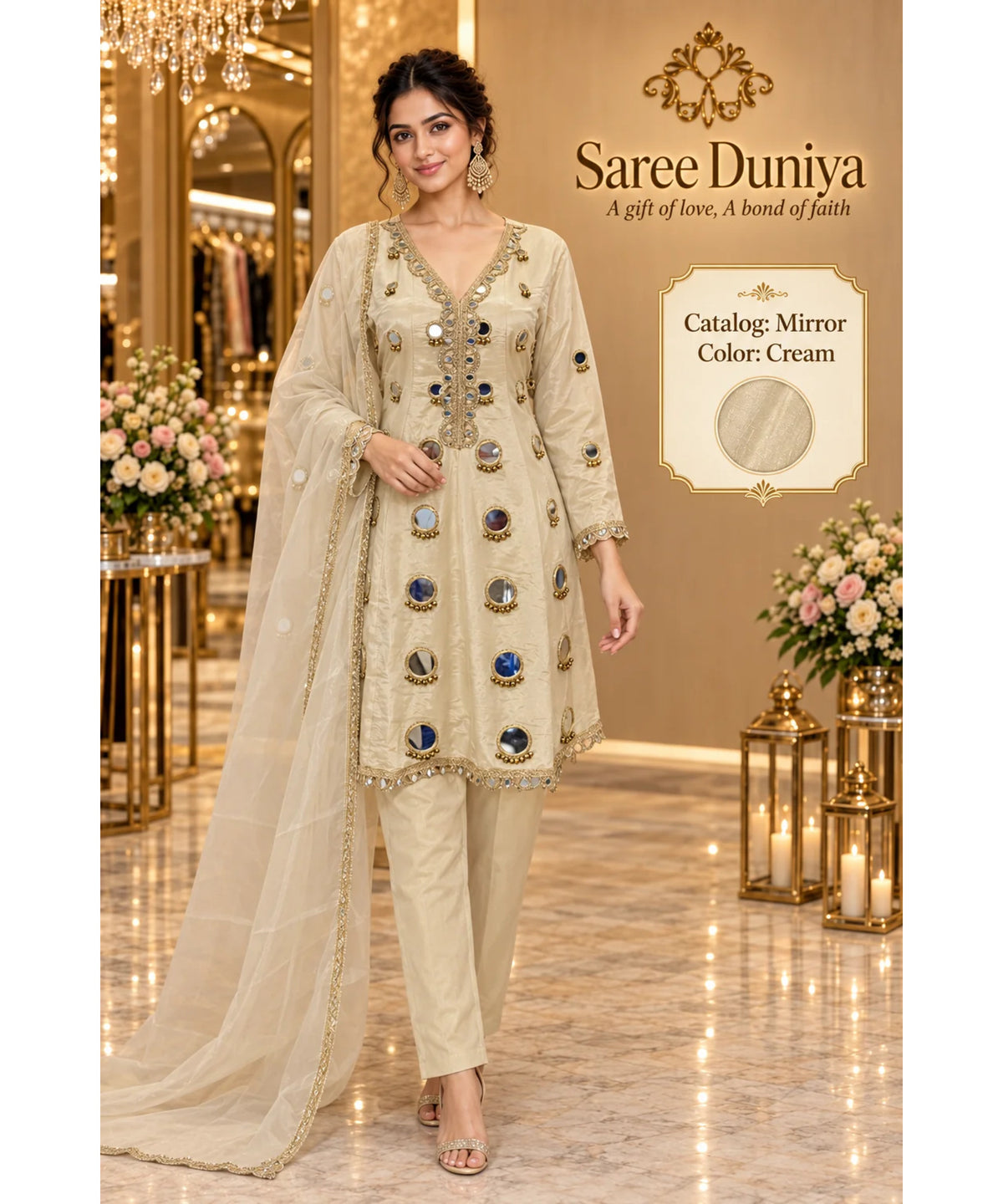 Mirror | Cream | fully stitched mirror-work suit on Saree Duniya's saved model