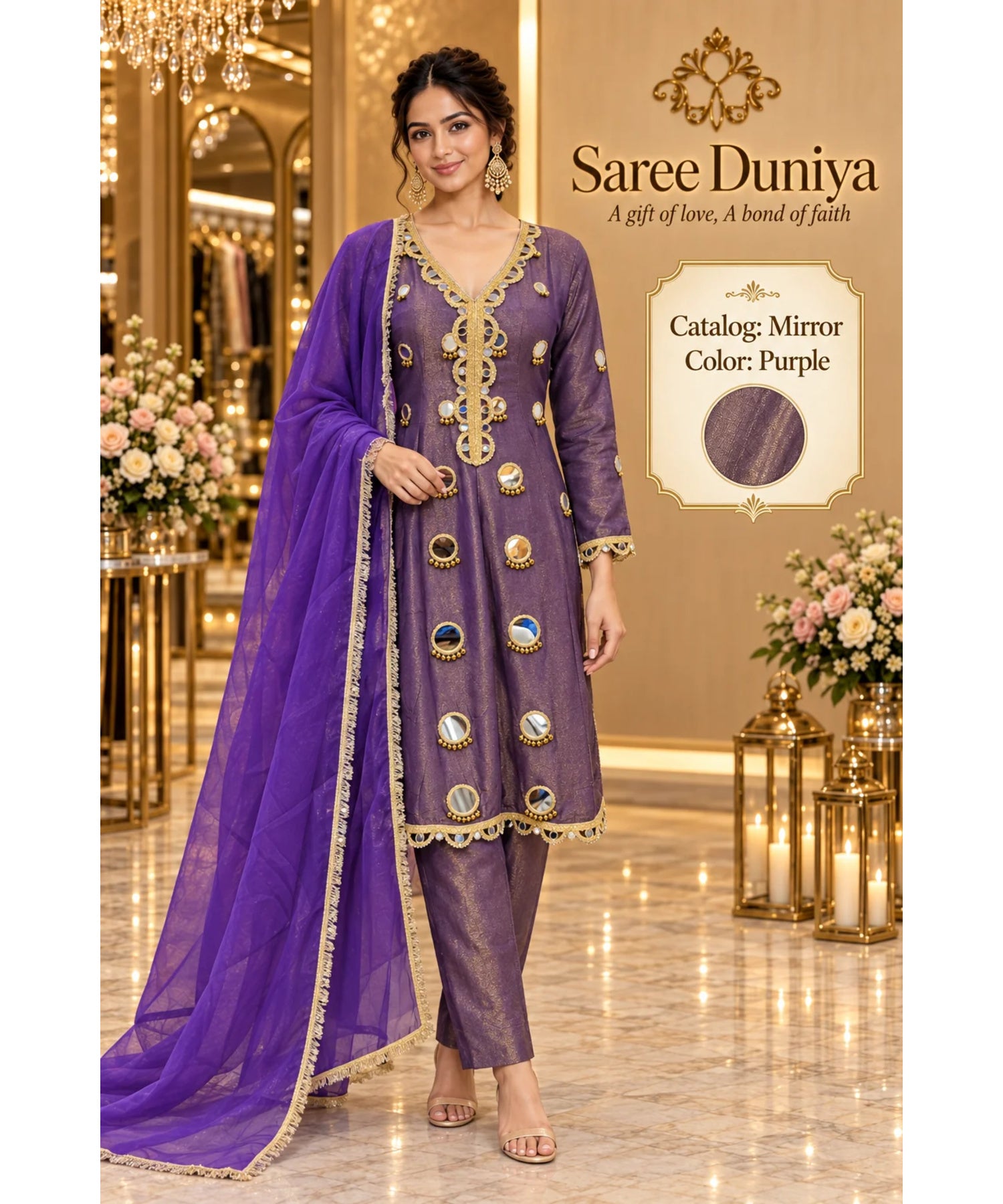 Mirror | Purple | fully stitched mirror-work suit on Saree Duniya's saved model