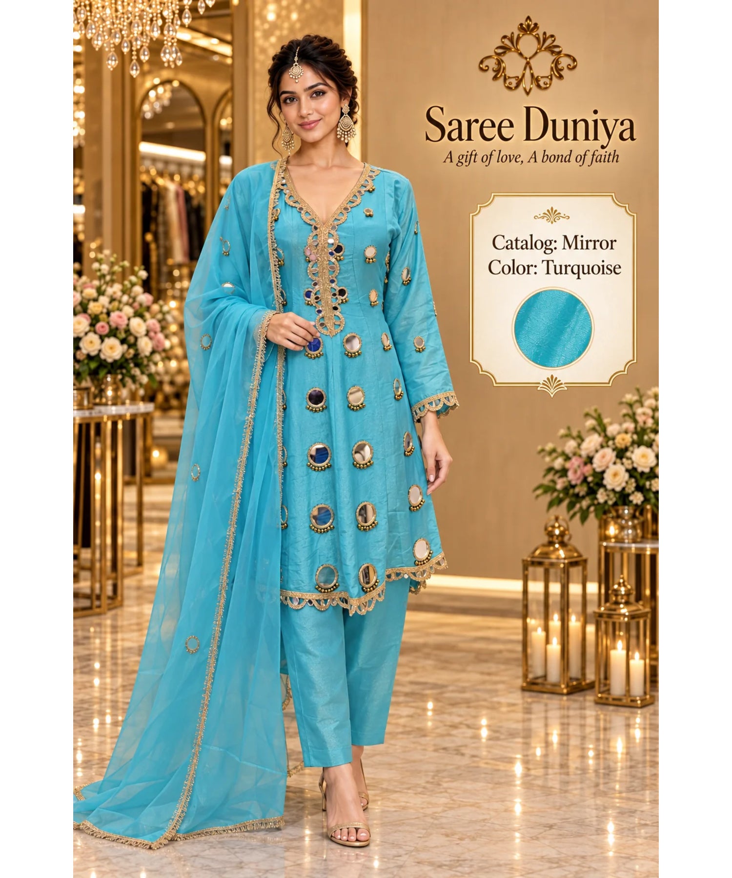 Mirror | Turquoise | fully stitched mirror-work suit on Saree Duniya's saved model