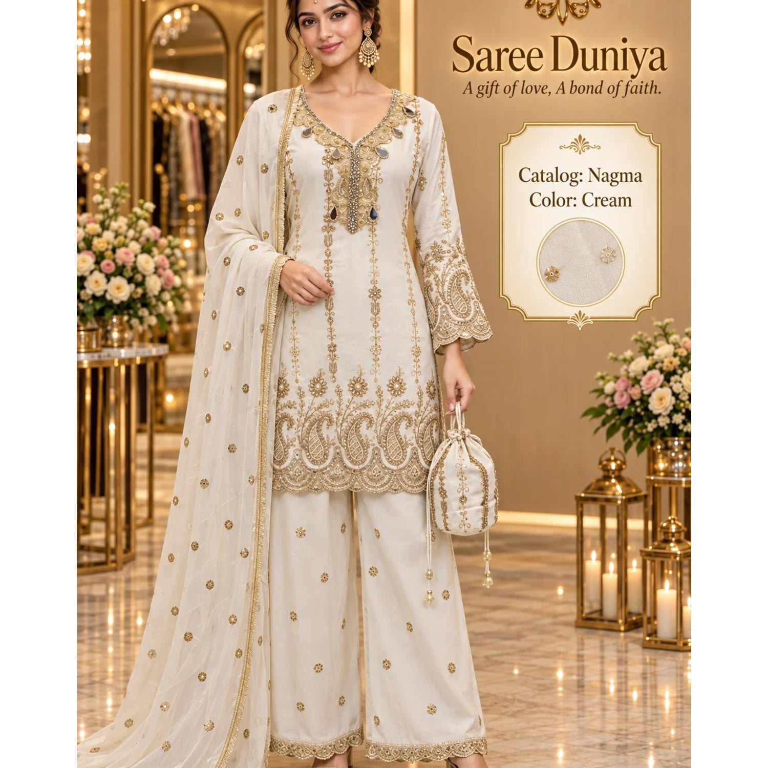 Nagma | Cream | fully stitched embroidered designer suit on Saree Duniya's saved model