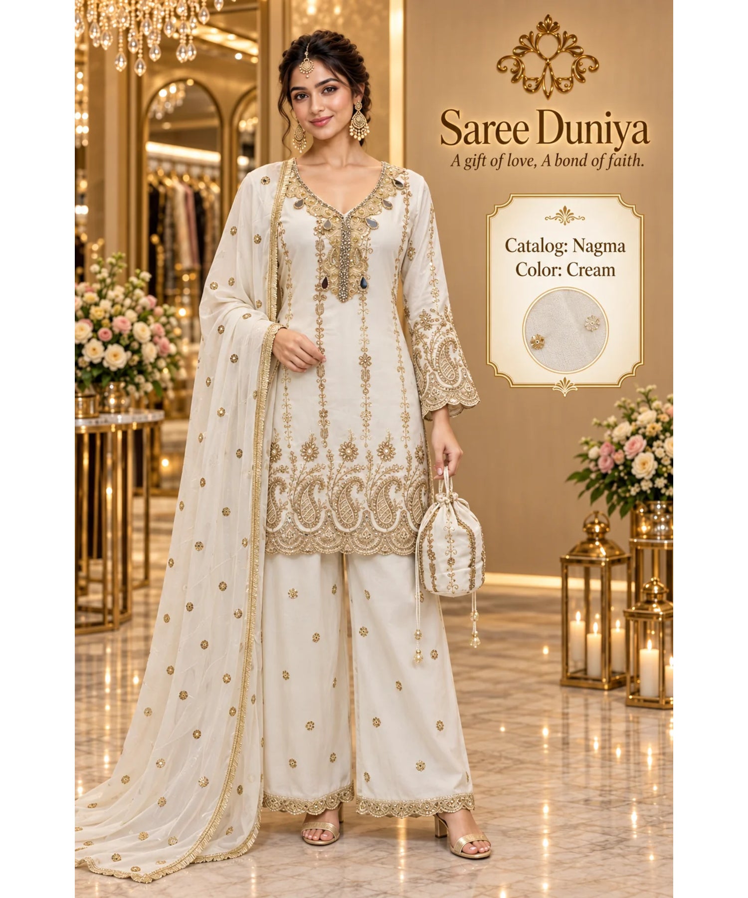 Nagma | Cream | fully stitched embroidered designer suit on Saree Duniya's saved model