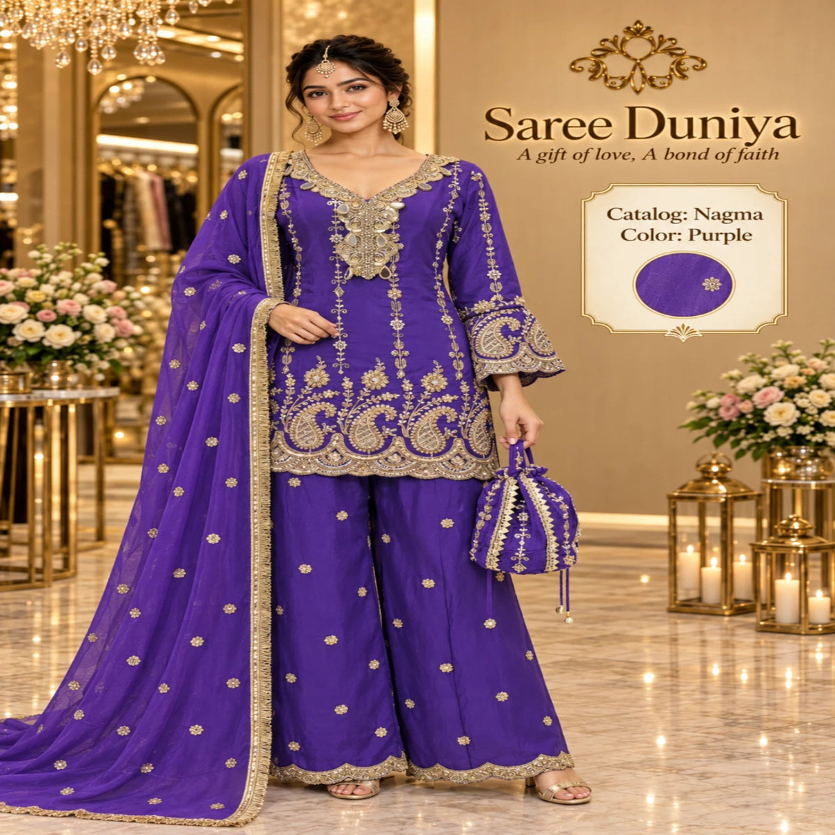 Nagma | Purple | fully stitched embroidered designer suit on Saree Duniya's saved model