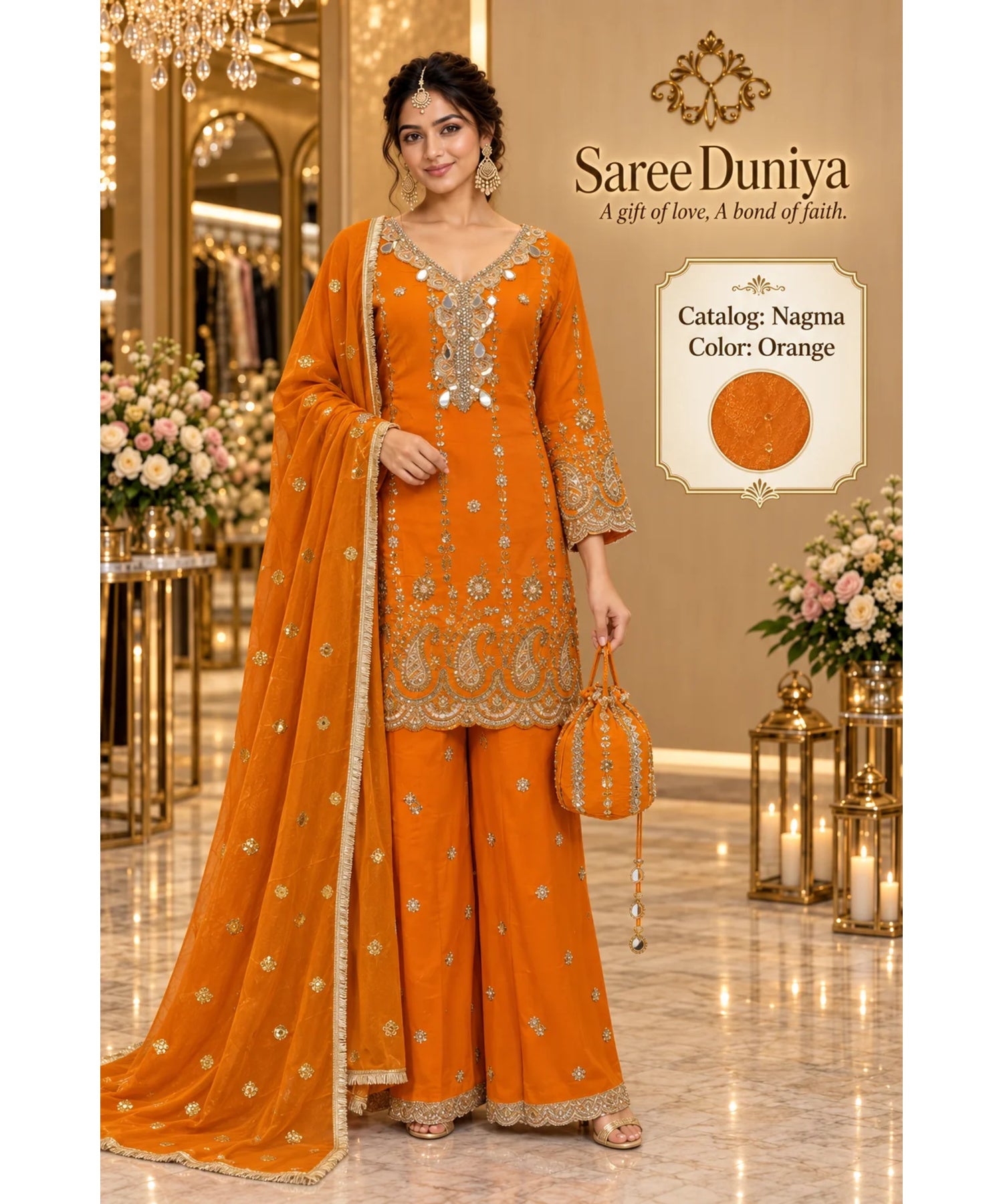 Nagma | Orange | fully stitched embroidered designer suit on Saree Duniya's saved model