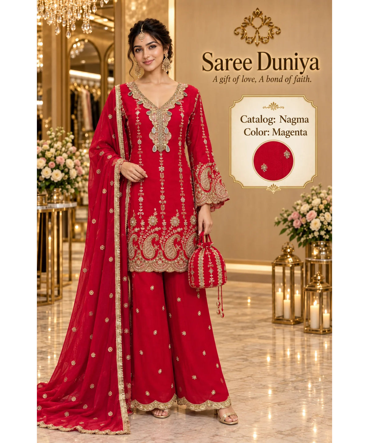 Nagma | Magenta | fully stitched embroidered designer suit on Saree Duniya's saved model
