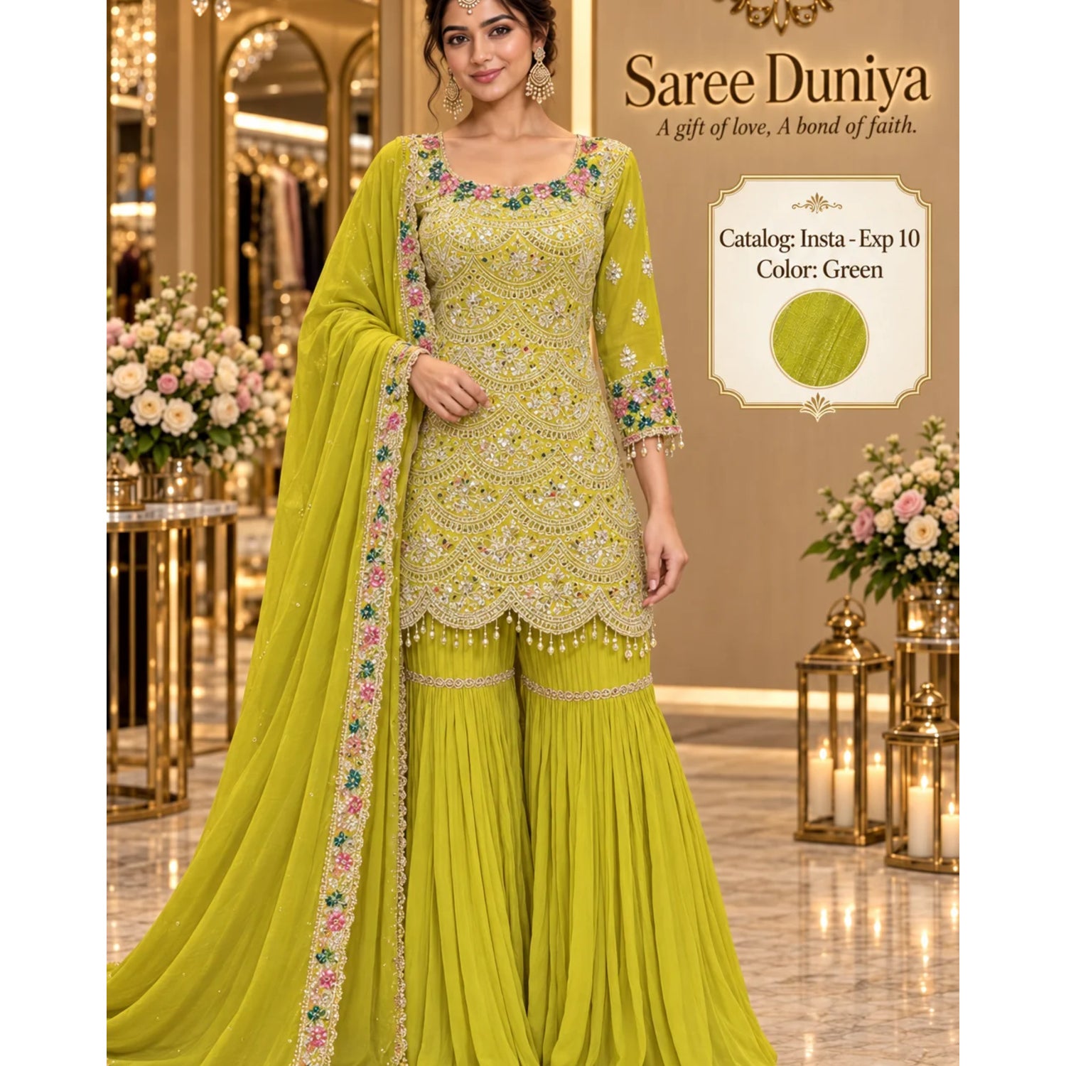 Insta - Exp 10 | Green | full stitched embroidered designer suit on Saree Duniya's saved model