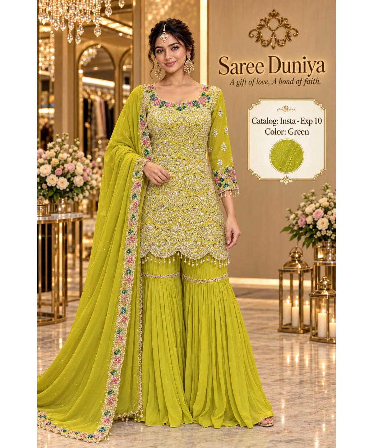 Insta - Exp 10 | Green | full stitched embroidered designer suit on Saree Duniya's saved model