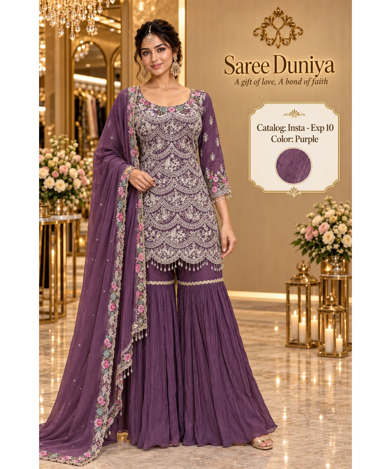 Insta - Exp 10 | Purple | full stitched embroidered designer suit on Saree Duniya's saved model