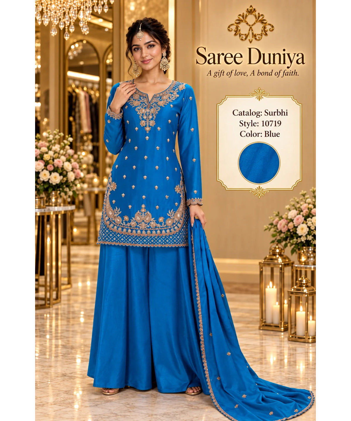Saree Duniya Surbhi 10719 Blue fully stitched designer suit – branded model view