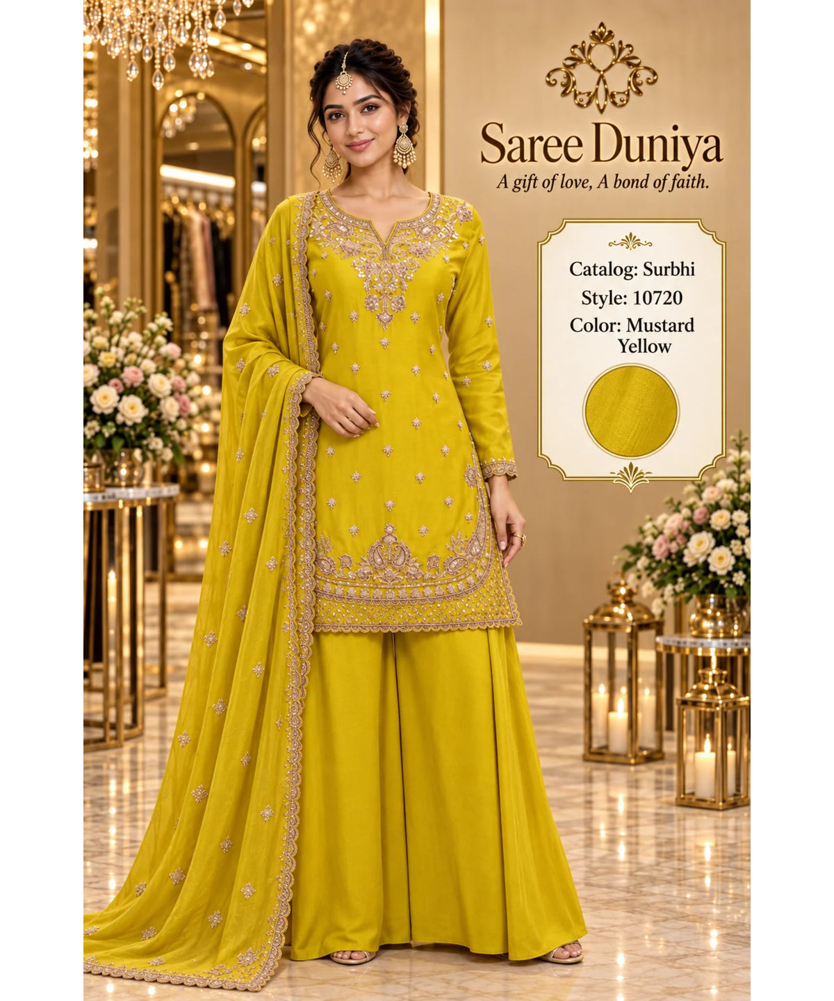 Saree Duniya Surbhi 10720 Mustard Yellow fully stitched designer suit – branded model view
