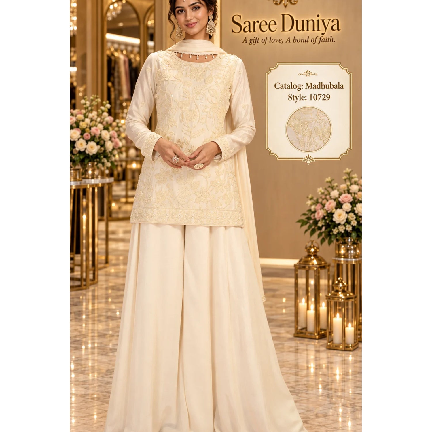 Saree Duniya | Catalog Madhubala | 10729 – Cream | styled model view