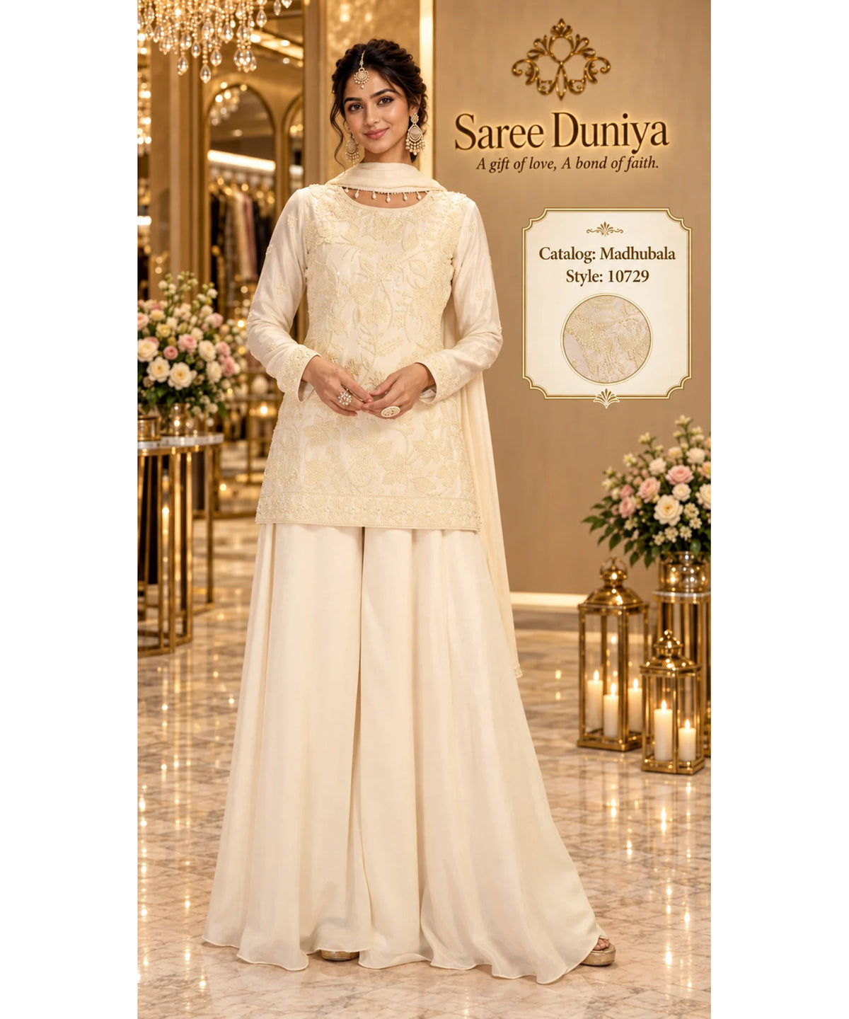 Saree Duniya | Catalog Madhubala | 10729 – Cream | styled model view
