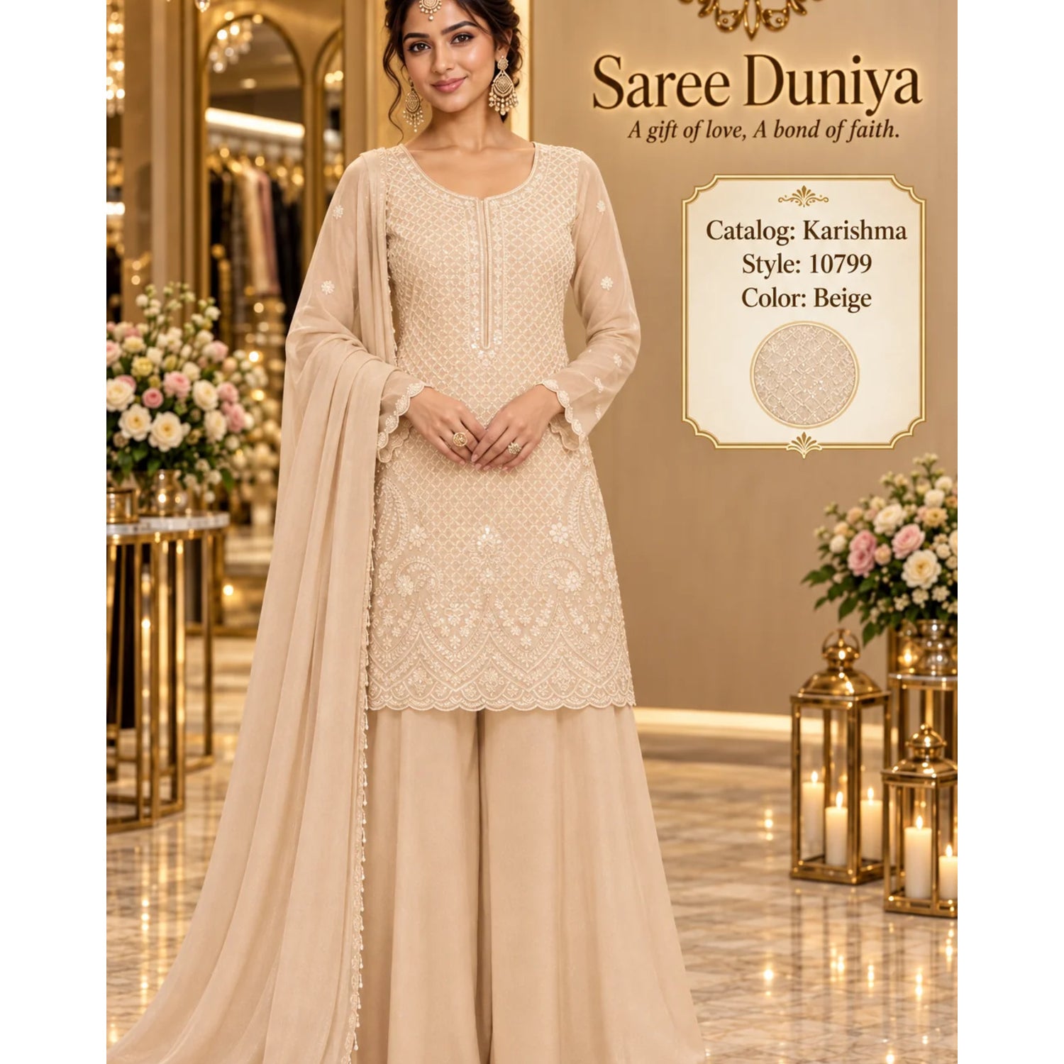 Saree Duniya | Catalog Karishma | 10799 – Beige | styled model view