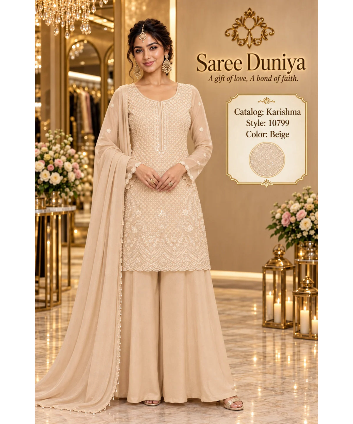 Saree Duniya | Catalog Karishma | 10799 – Beige | styled model view