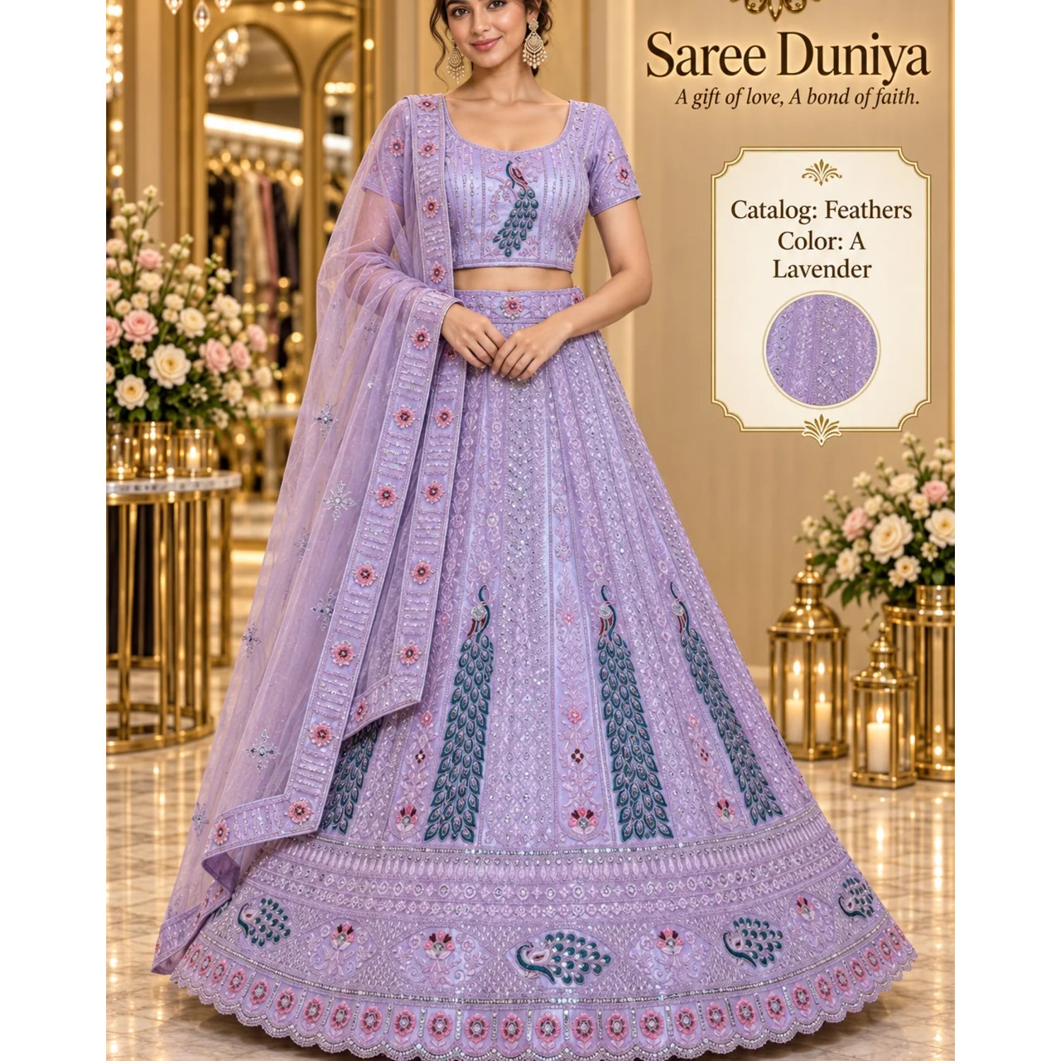 Feathers — A – Lavender; Saree Duniya styling illustration. Semi-stitched lehenga, size 44; unstitched blouse. Tailoring required.