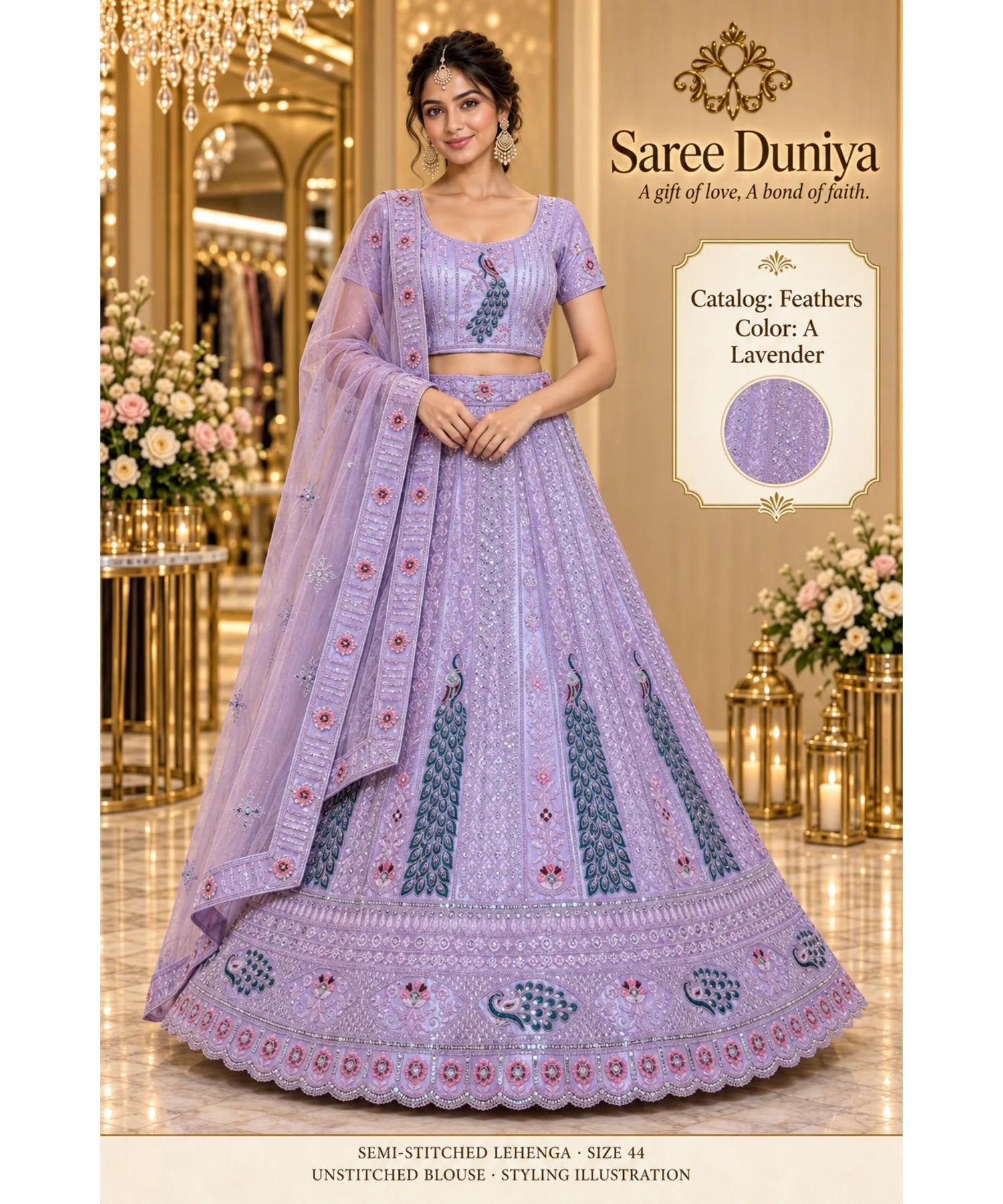 Feathers — A – Lavender; Saree Duniya styling illustration. Semi-stitched lehenga, size 44; unstitched blouse. Tailoring required.