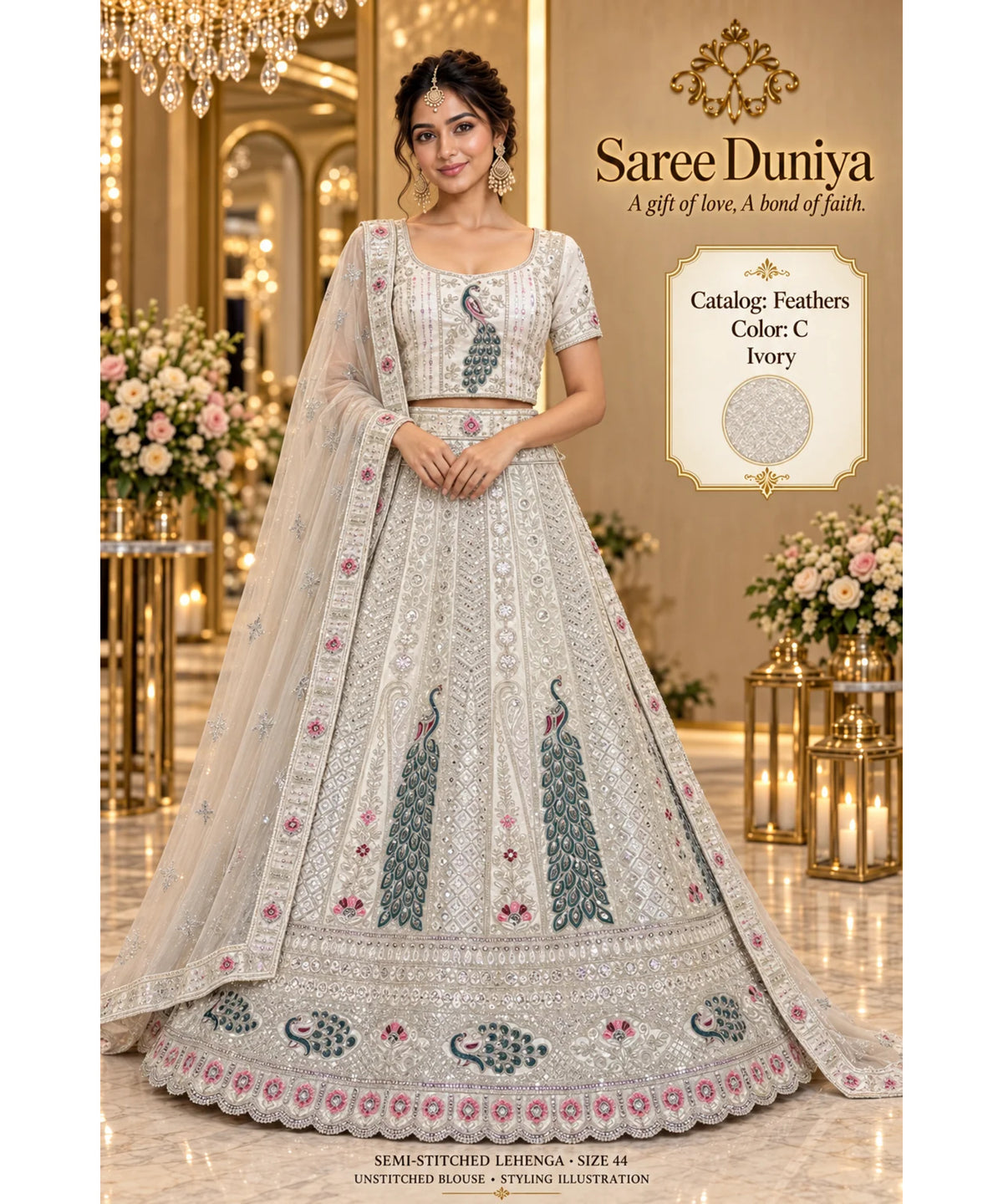 Feathers — C – Ivory; Saree Duniya styling illustration. Semi-stitched lehenga, size 44; unstitched blouse. Tailoring required.