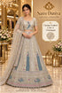Feathers — E – Champagne; Saree Duniya styling illustration. Semi-stitched lehenga, size 44; unstitched blouse. Tailoring required.