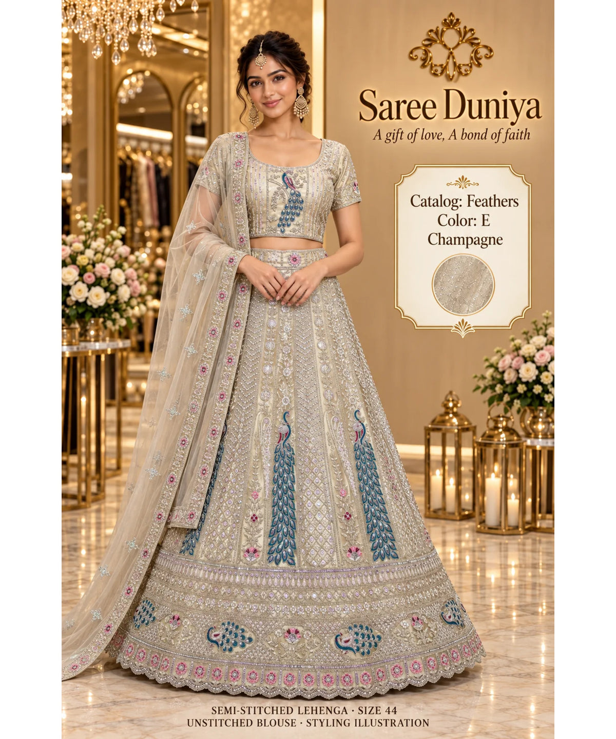Feathers — E – Champagne; Saree Duniya styling illustration. Semi-stitched lehenga, size 44; unstitched blouse. Tailoring required.