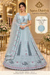 Feathers — B – Ice Blue; Saree Duniya styling illustration. Semi-stitched lehenga, size 44; unstitched blouse. Tailoring required.