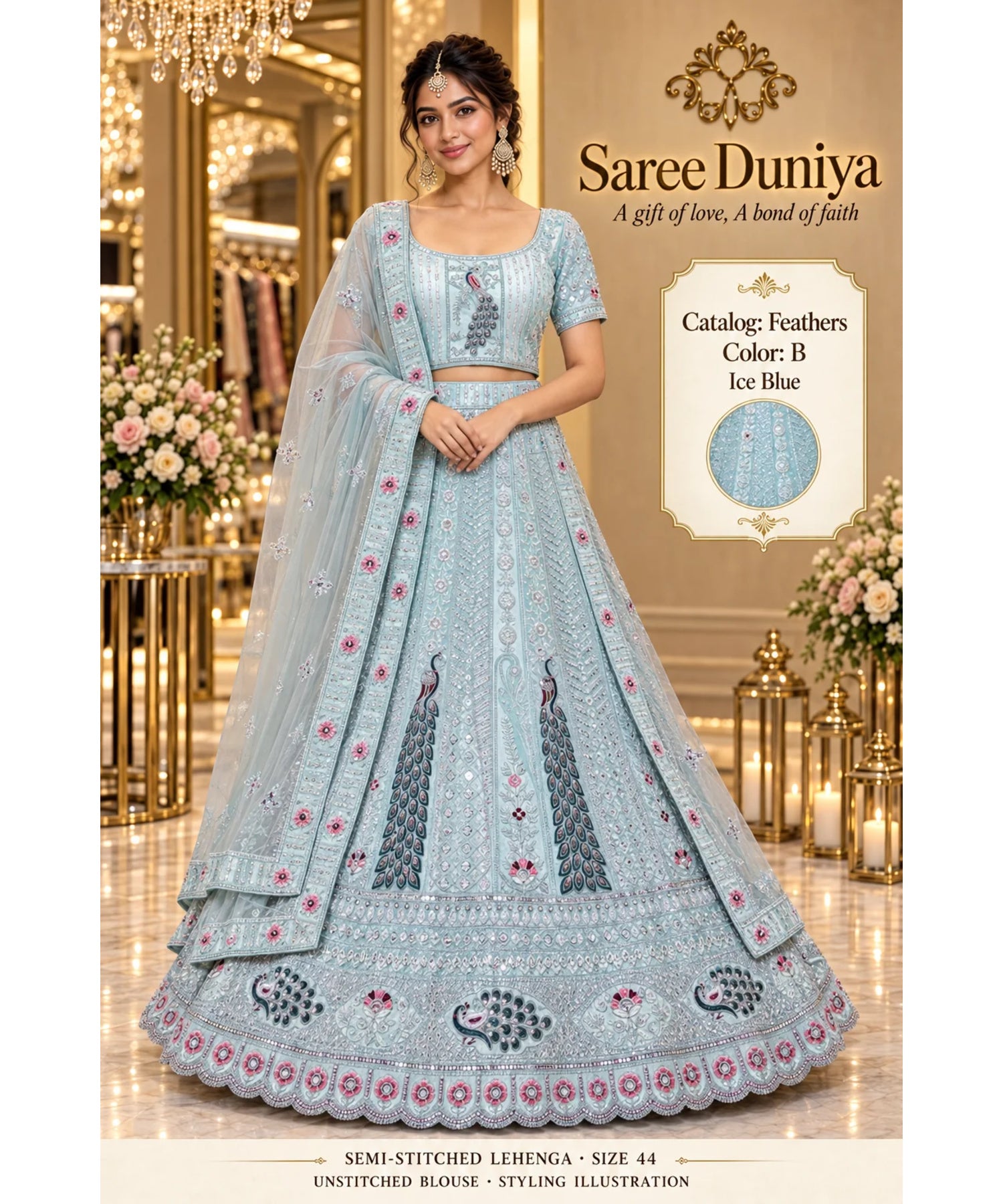 Feathers — B – Ice Blue; Saree Duniya styling illustration. Semi-stitched lehenga, size 44; unstitched blouse. Tailoring required.