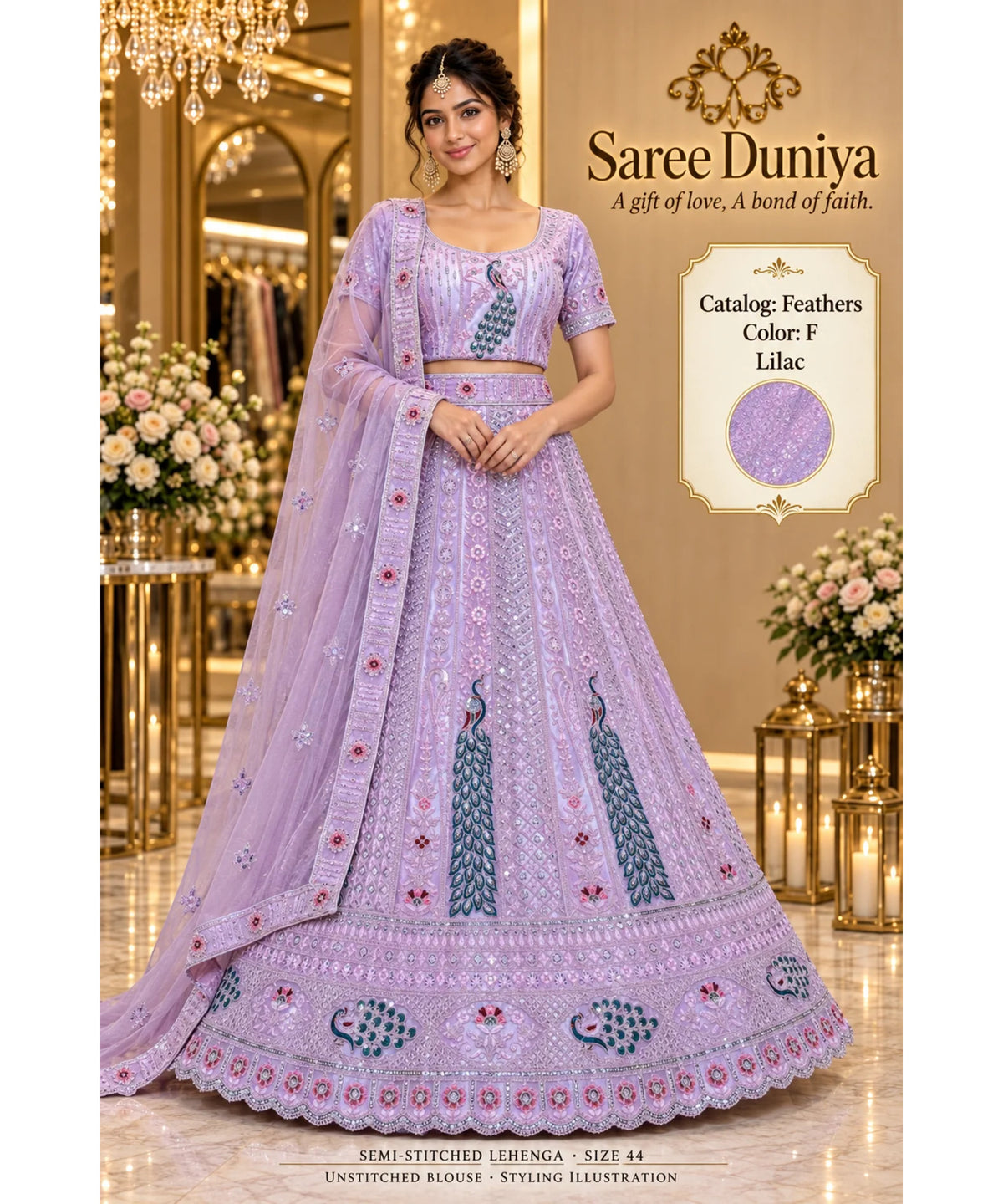 Feathers — F – Lilac; Saree Duniya styling illustration. Semi-stitched lehenga, size 44; unstitched blouse. Tailoring required.