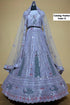 Feathers — D – Periwinkle; original photograph showing the semi-stitched size 44 lehenga and unstitched blouse fabric with peacock embroidery.