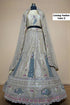 Feathers — E – Champagne; original photograph showing the semi-stitched size 44 lehenga and unstitched blouse fabric with peacock embroidery.
