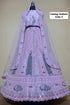 Feathers — F – Lilac; original photograph showing the semi-stitched size 44 lehenga and unstitched blouse fabric with peacock embroidery.